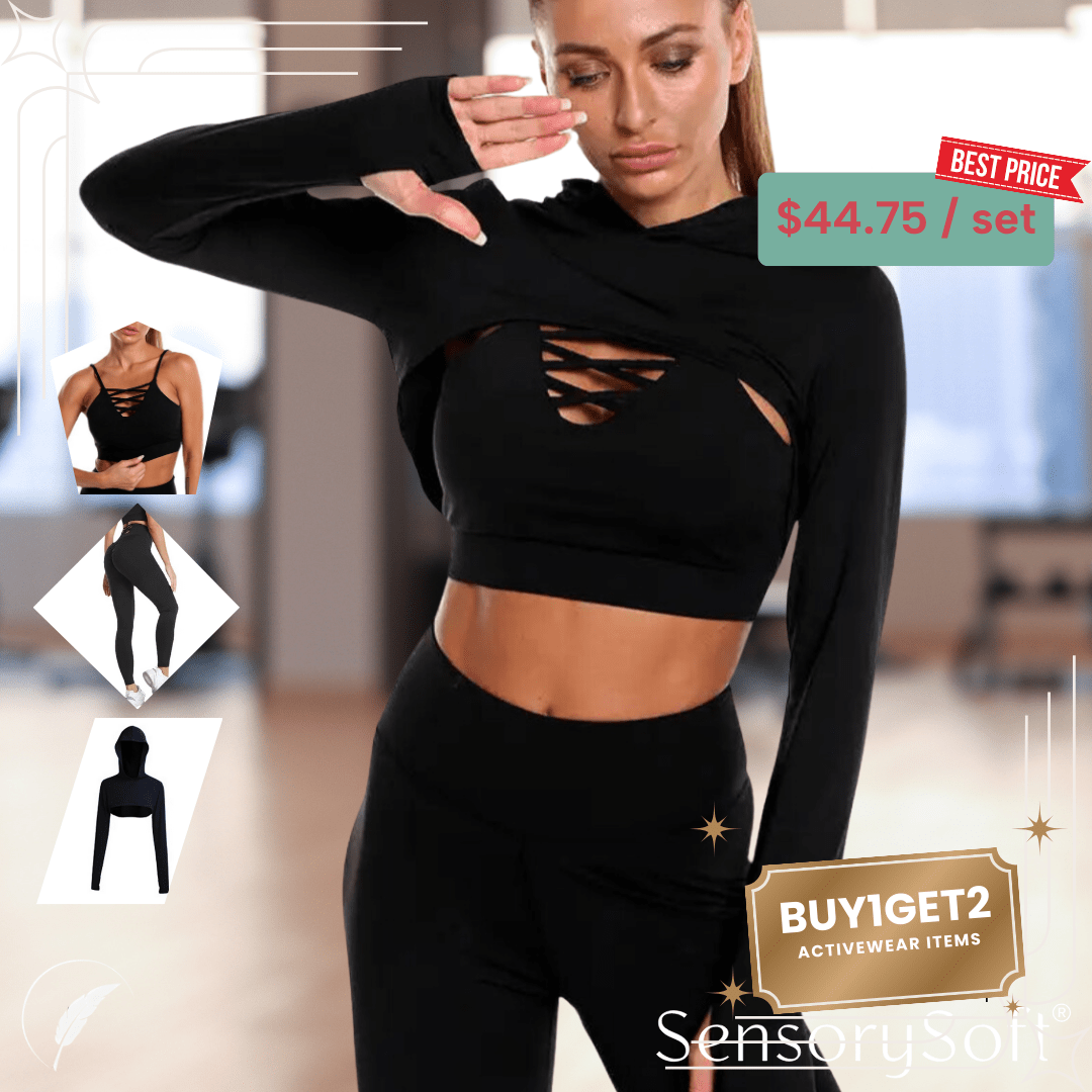 Seamless Yoga and Gym Fitness Sets - 3 Piece Sets - 2 Piece Sets - Pants - Sports Bra and Matching Crop Top Hoodie - SensorySoft