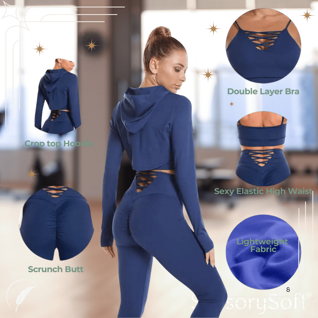 Seamless Yoga and Gym Fitness Sets - 3 Piece Sets - 2 Piece Sets - Pants - Sports Bra and Matching Crop Top Hoodie - SensorySoft