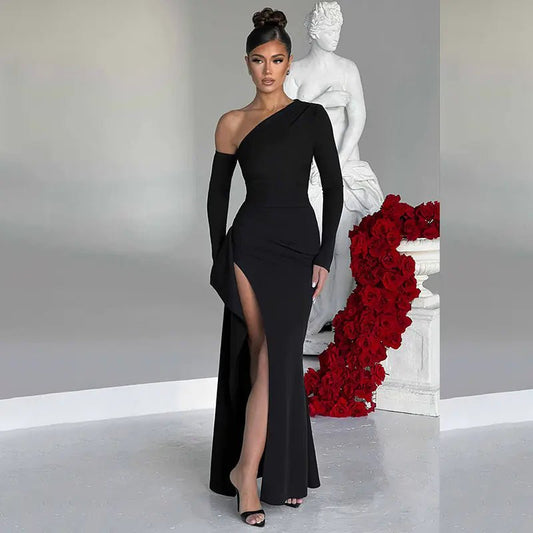 Slant Off - Shoulder High - Slit Evening Dress - SensorySoftShop