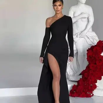 Slant Off - Shoulder High - Slit Evening Dress - SensorySoftShop