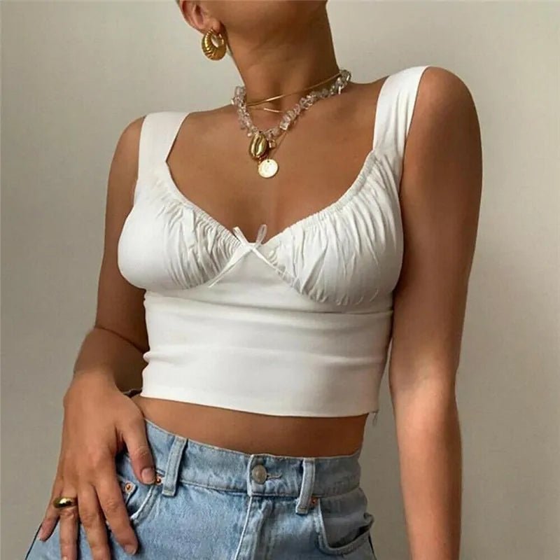 Summer Milkmaid Crop Tops for Women - White Ruched Bow Camis - SensorySoft