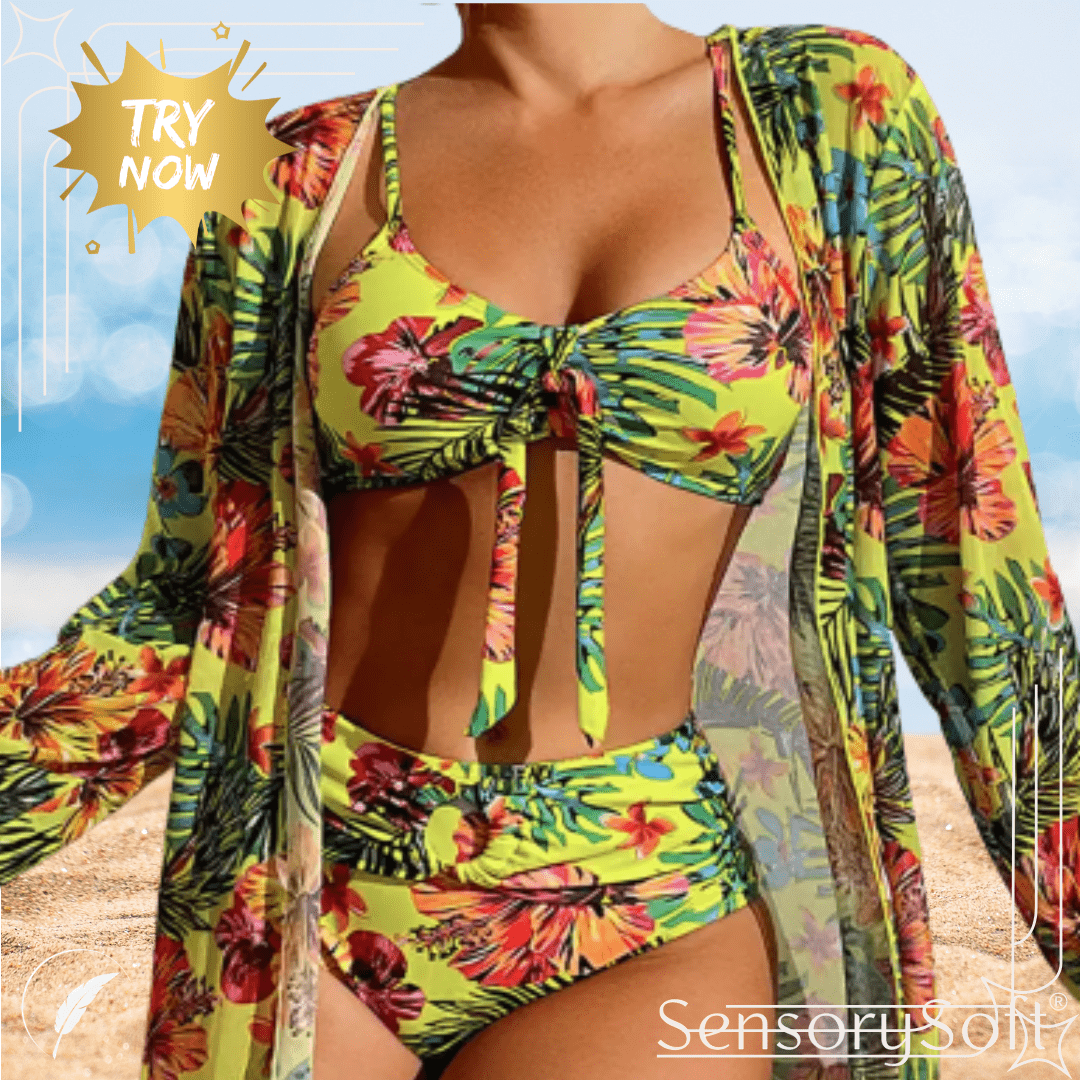Three Piece Bikini Set with Floral Pattern - SensorySoft
