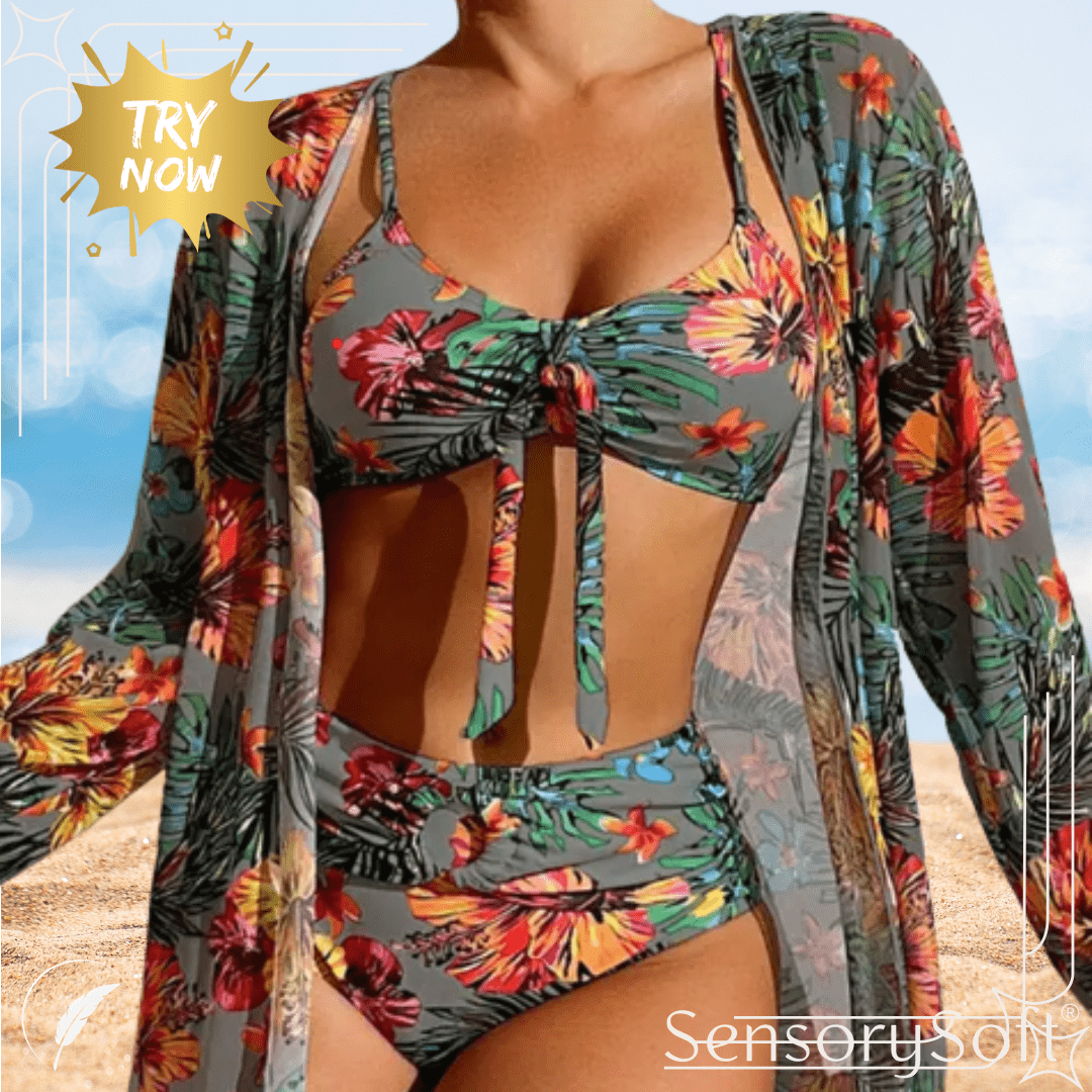 Three Piece Bikini Set with Floral Pattern - SensorySoft