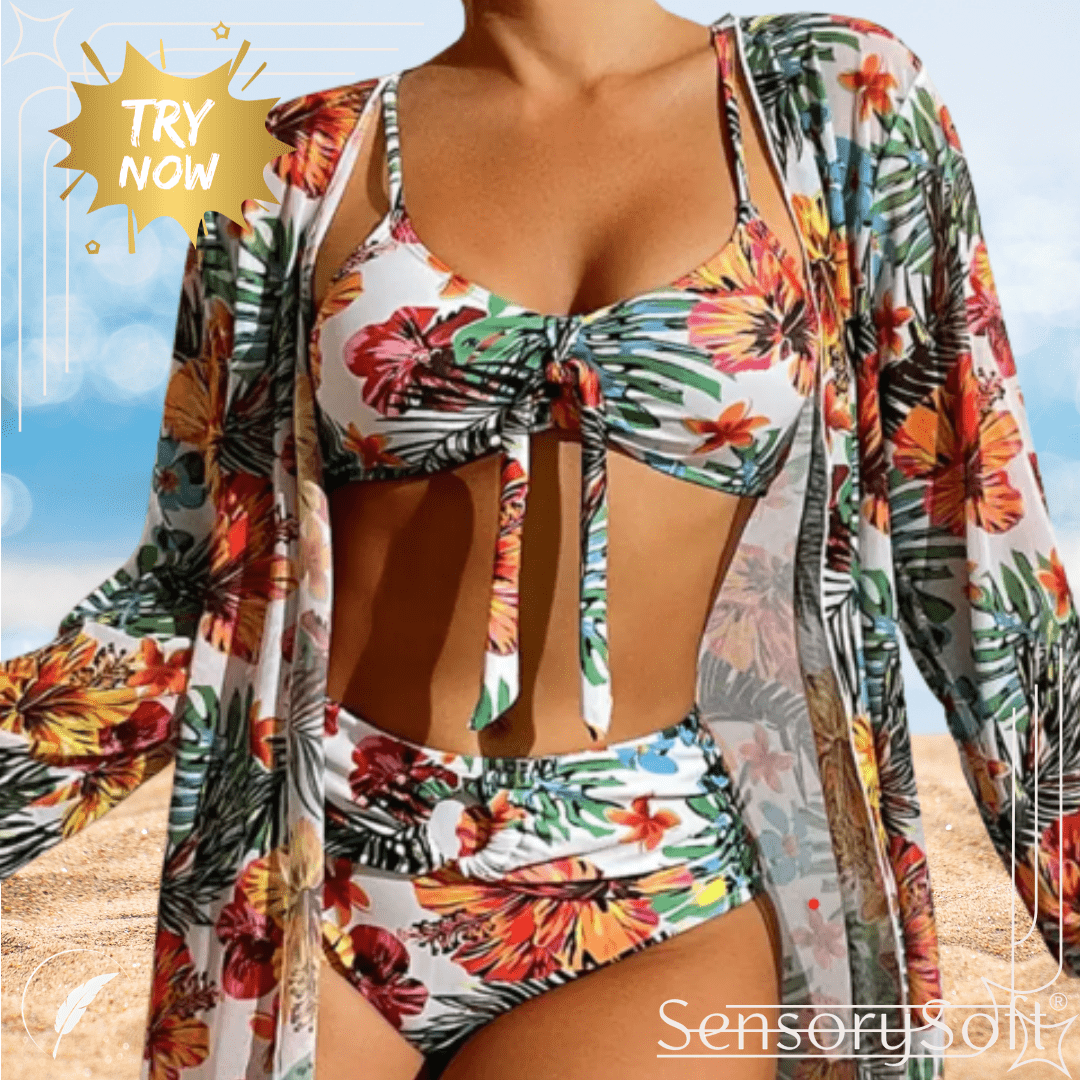 Three Piece Bikini Set with Floral Pattern - SensorySoft