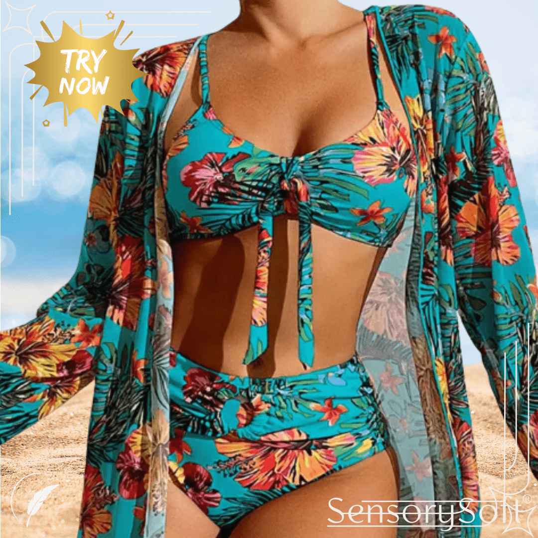 Three Piece Bikini Set with Floral Pattern - SensorySoft