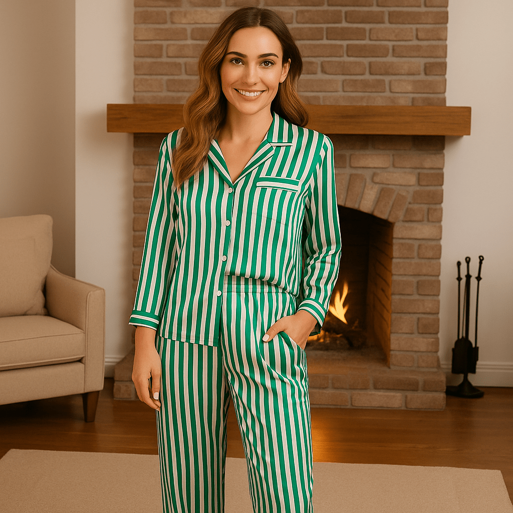 Two Piece Winter Pyjamas in Striped Satin Silk - SensorySoftShop