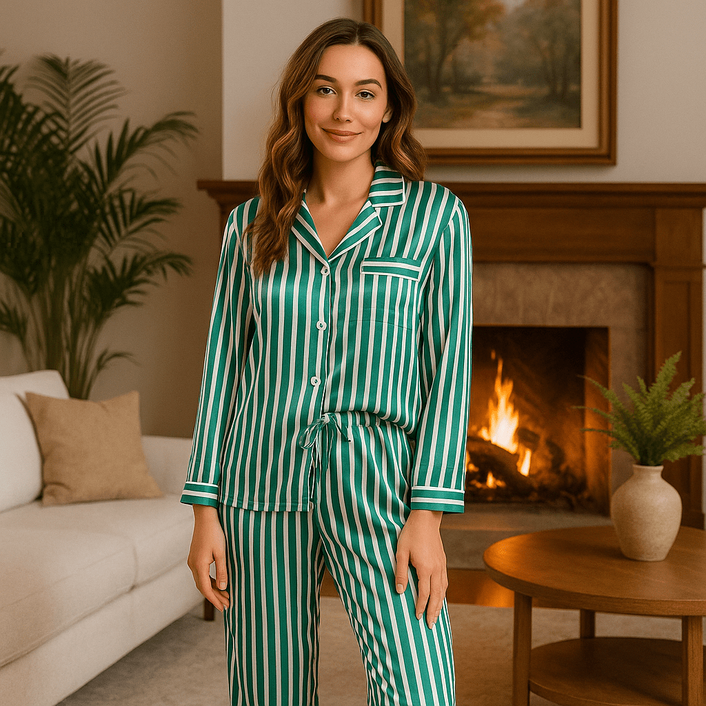 Two Piece Winter Pyjamas in Striped Satin Silk - SensorySoftShop
