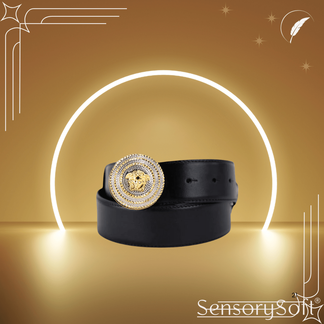 Versace Leather Round Ridged Medusa Emblem Adjustable Belt - SensorySoft