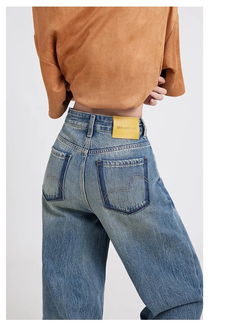 Wide Leg Women's Jeans - High Waist Washed Blue Trousers - SensorySoft