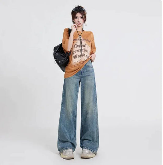 Wide Leg Women's Jeans - High Waist Washed Blue Trousers - SensorySoft