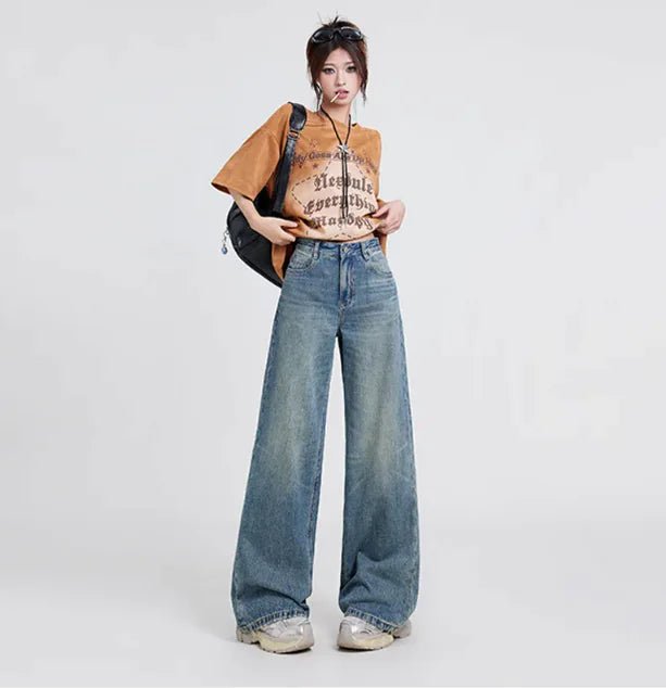 Wide Leg Women's Jeans - High Waist Washed Blue Trousers - SensorySoft