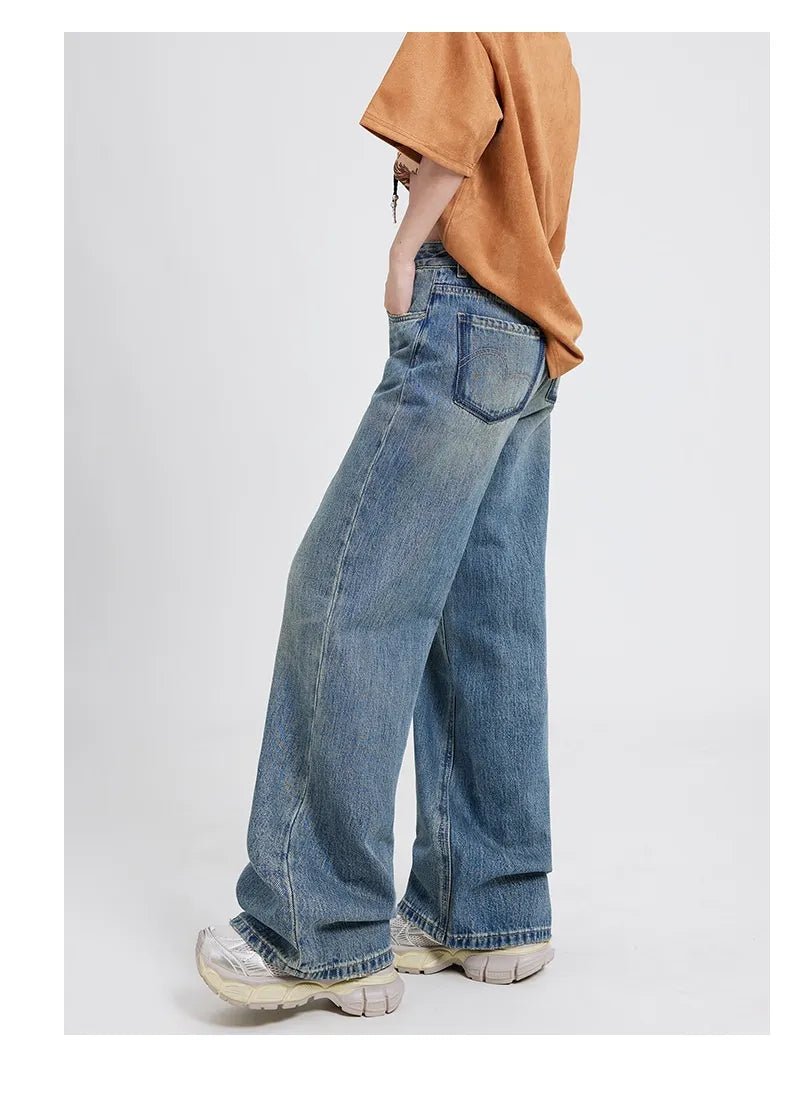 Wide Leg Women's Jeans - High Waist Washed Blue Trousers - SensorySoft