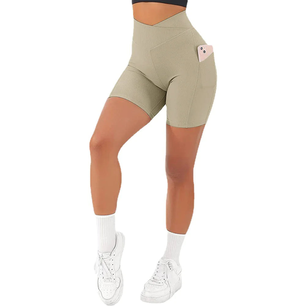 High Waist Cross Workout Shorts with Side Pockets for Women