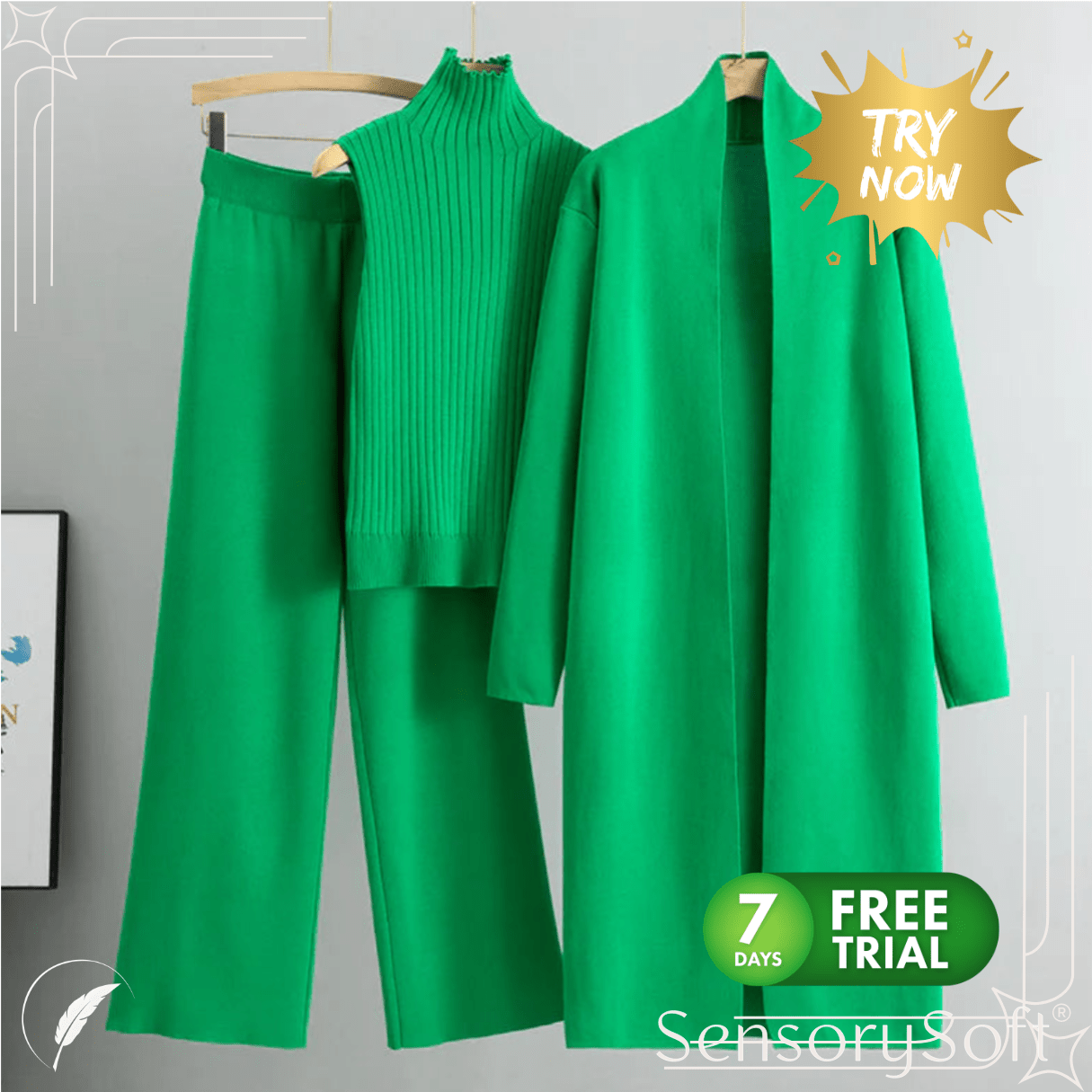 Women's 3 - Piece Knit Set: Sleeveless Vest, Long Cardigan, and Wide - Leg Pants - SensorySoftShop