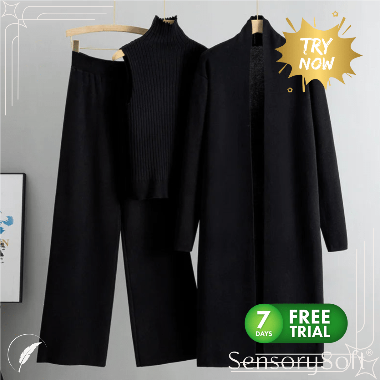 Women's 3 - Piece Knit Set: Sleeveless Vest, Long Cardigan, and Wide - Leg Pants - SensorySoftShop