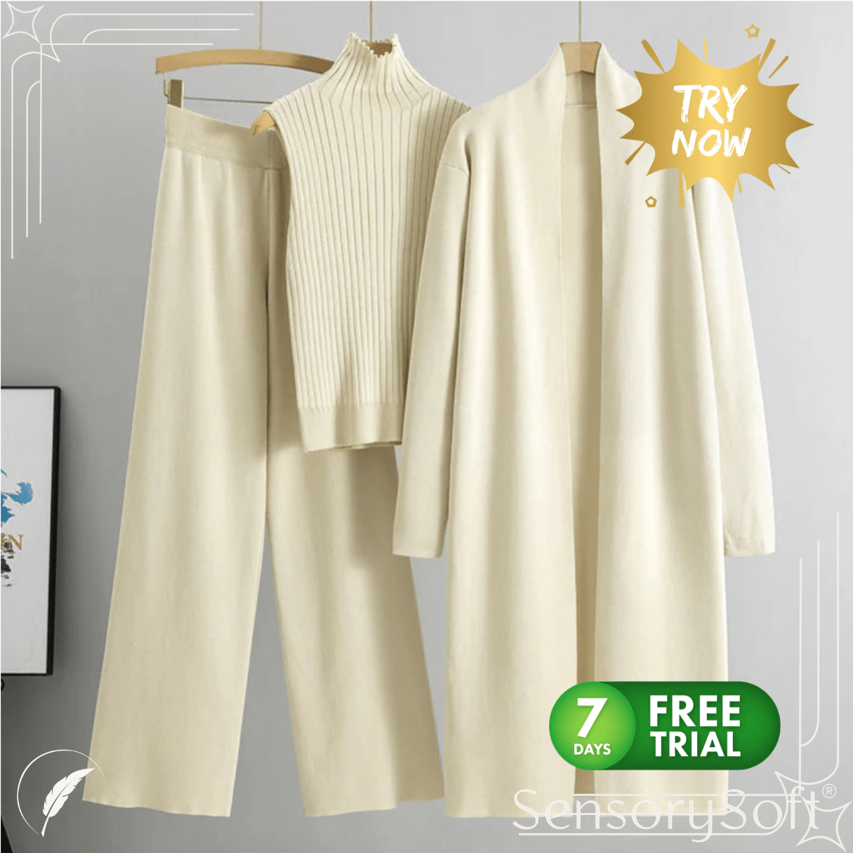 Women's 3 - Piece Knit Set: Sleeveless Vest, Long Cardigan, and Wide - Leg Pants - SensorySoftShop