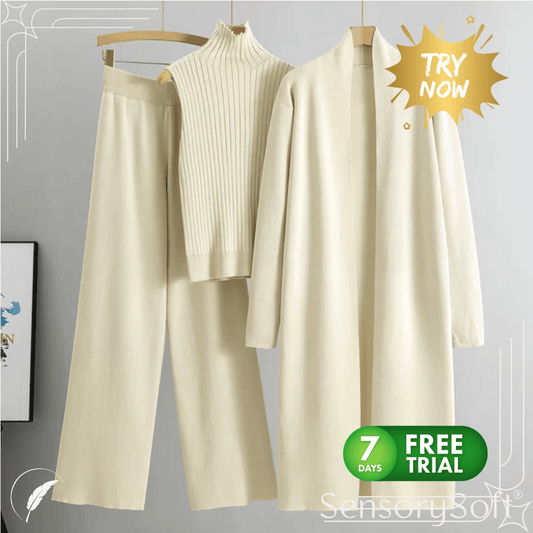 Women's 3 - Piece Knit Set: Sleeveless Vest, Long Cardigan, and Wide - Leg Pants - SensorySoftShop