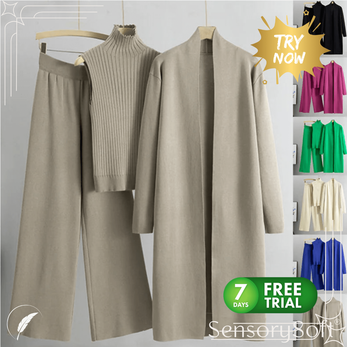 Women's 3 - Piece Knit Set: Sleeveless Vest, Long Cardigan, and Wide - Leg Pants - SensorySoftShop