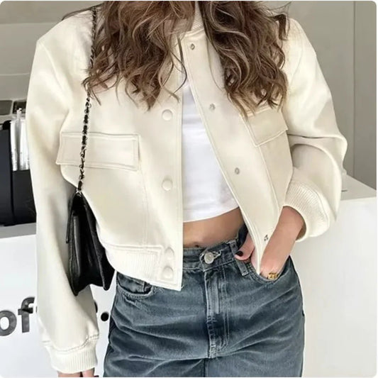 Women's Casual Stand - Collar Button Jacket with Large Pockets – Loose Short Coat - SensorySoft