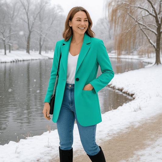 Women's Long Sleeve Solid Color Lapel Suit Jackets - Light Green - SensorySoft