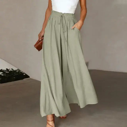 Women's Pants Solid Color Elastic High Waist Wide Leg Trousers - SensorySoft