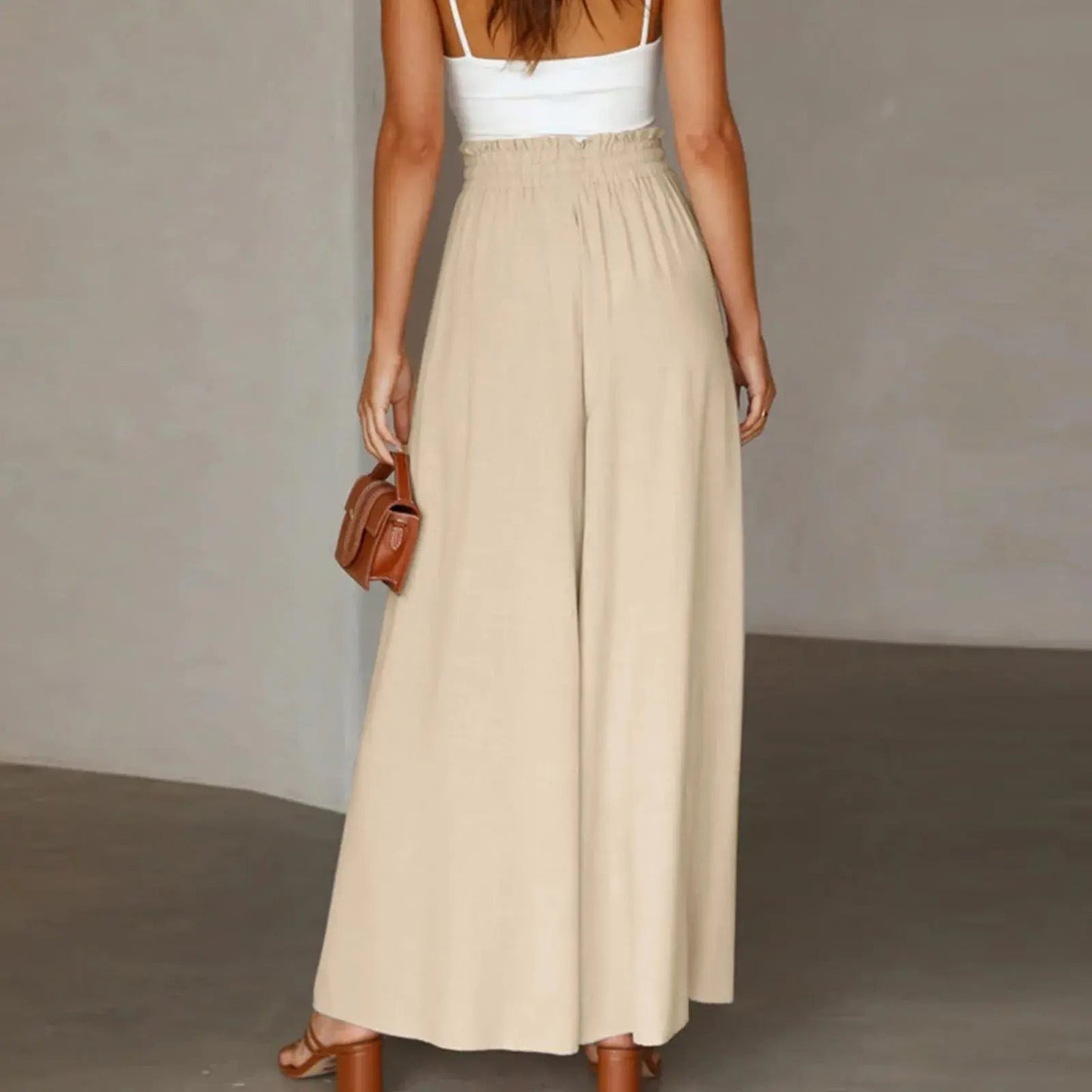 Women's Pants Solid Color Elastic High Waist Wide Leg Trousers - SensorySoft