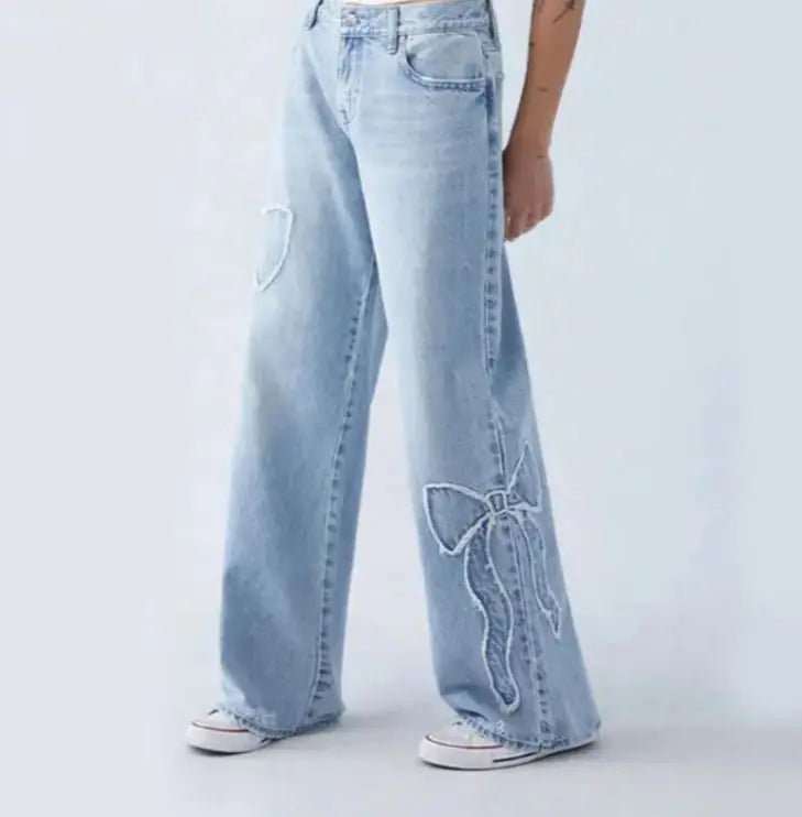Women's Straight Trousers Embroidered Side Frayed Butterfly Jeans - SensorySoft
