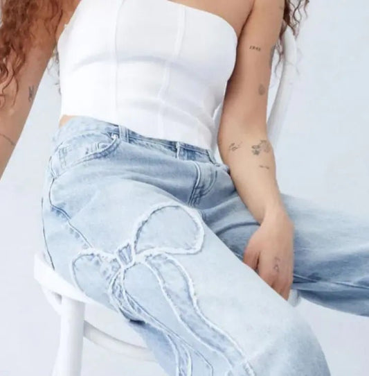 Women's Straight Trousers Embroidered Side Frayed Butterfly Jeans - SensorySoft