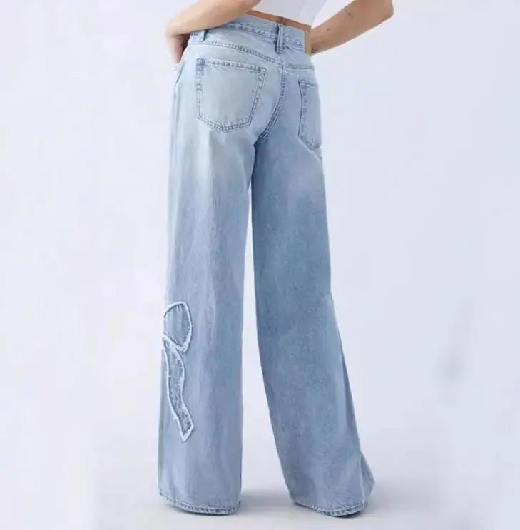 Women's Straight Trousers Embroidered Side Frayed Butterfly Jeans - SensorySoft