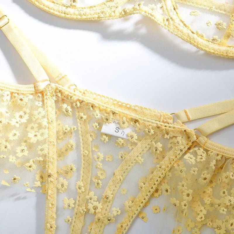 Yellow Floral Mesh Patchwork Underwear Set - SensorySoftShop