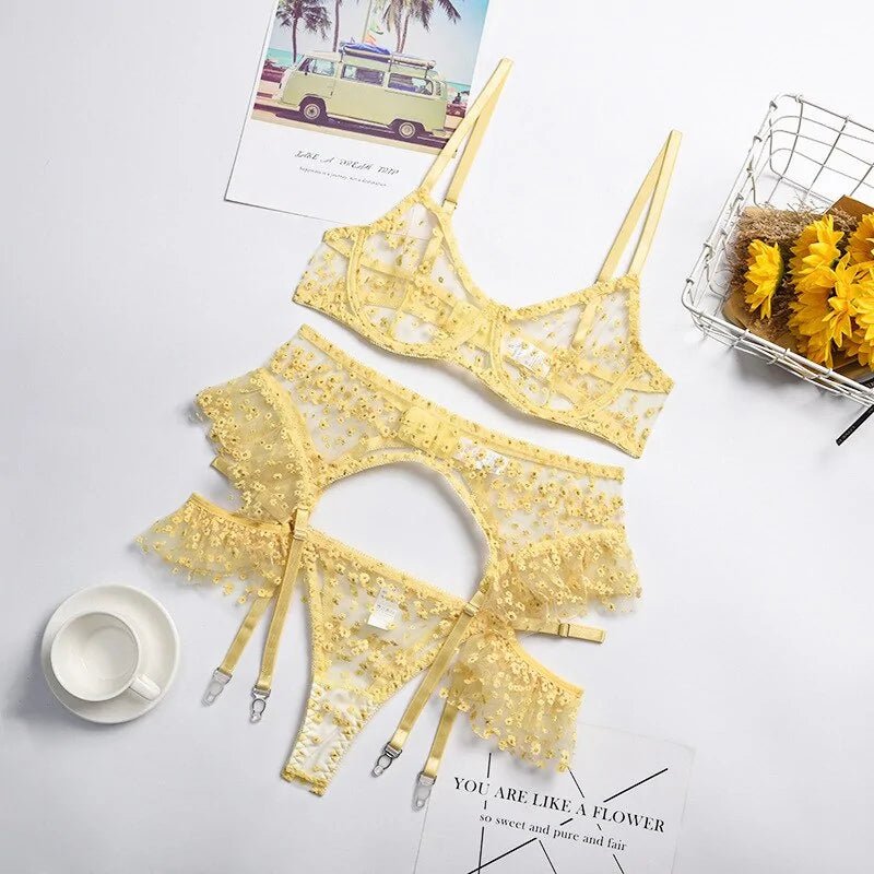 Yellow Floral Mesh Patchwork Underwear Set - SensorySoftShop