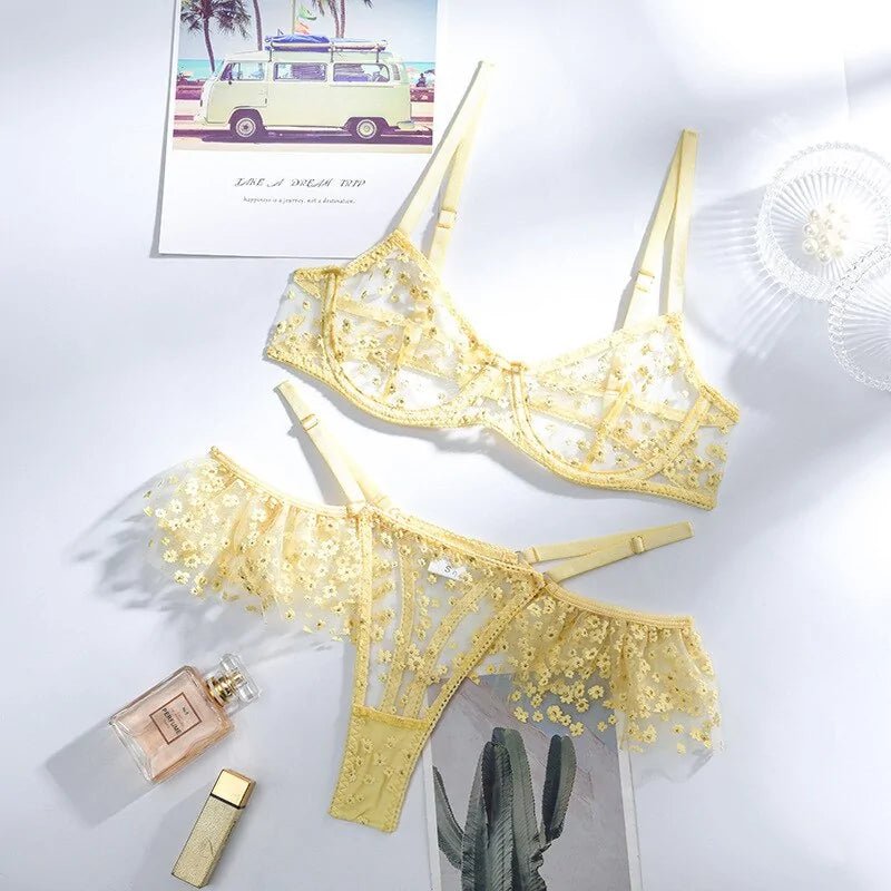 Yellow Floral Mesh Patchwork Underwear Set - SensorySoftShop