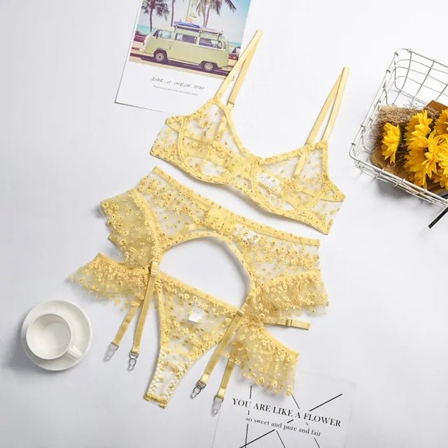 Yellow Floral Mesh Patchwork Underwear Set - SensorySoftShop