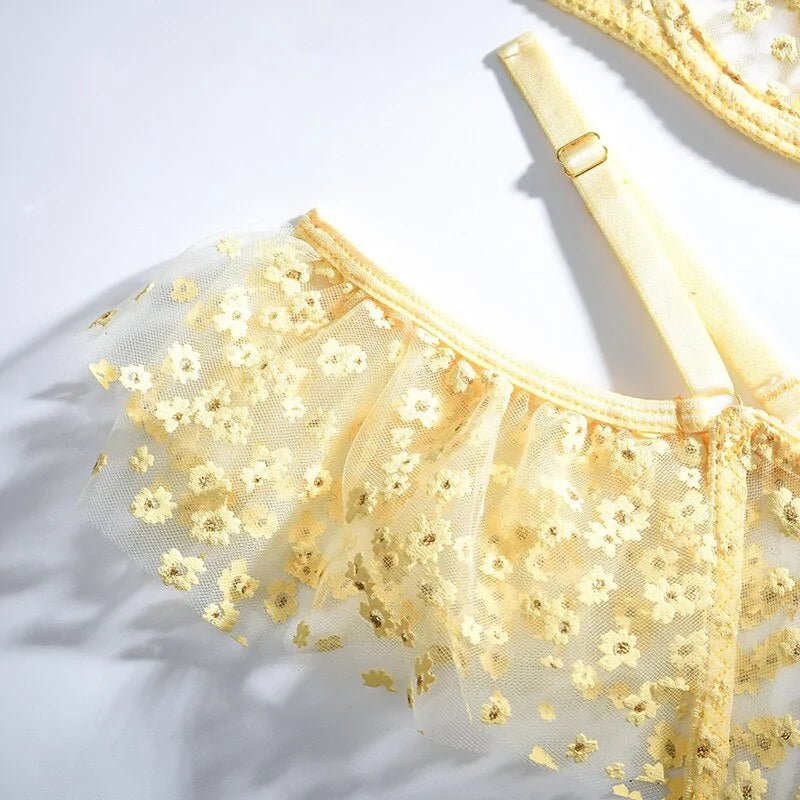 Yellow Floral Mesh Patchwork Underwear Set - SensorySoftShop