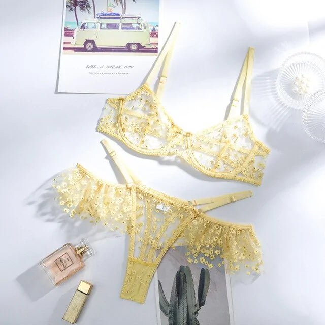 Yellow Floral Mesh Patchwork Underwear Set - SensorySoftShop