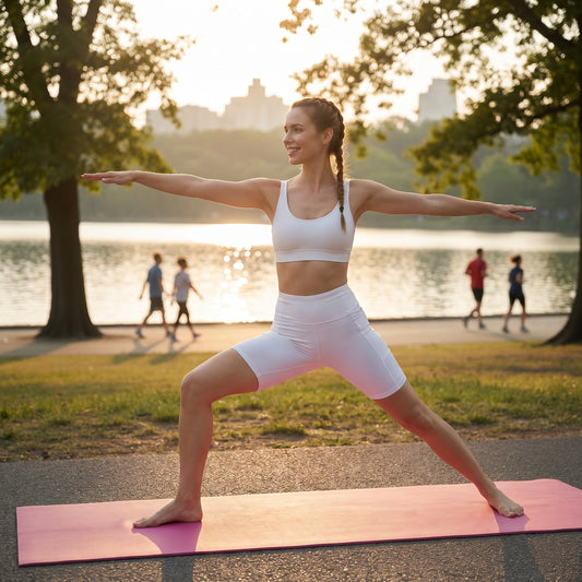 A woman in a white sports bra and matching high-waisted shorts performs a yoga warrior pose on a pink mat in an outdoor park setting with a lake and trees in the background.
